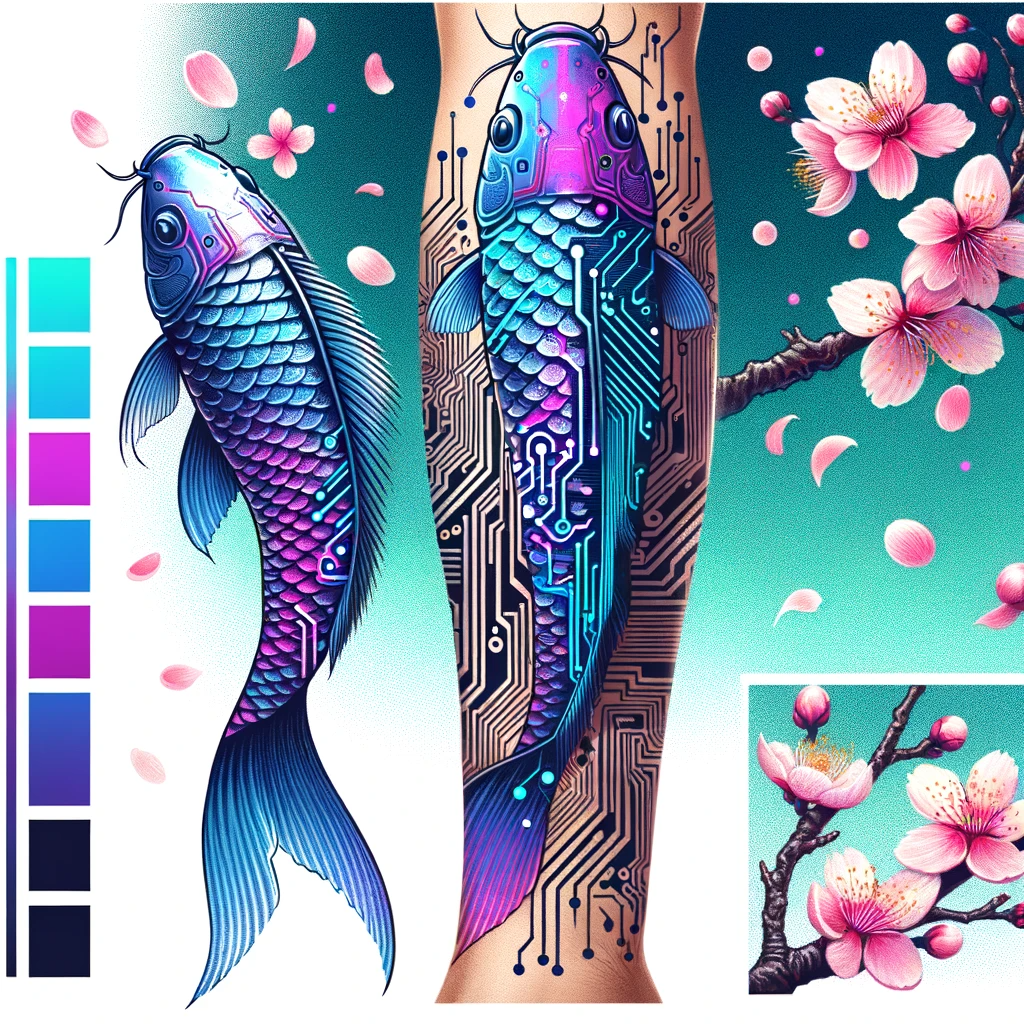 AI-generated cyberpunk koi fish tattoo design